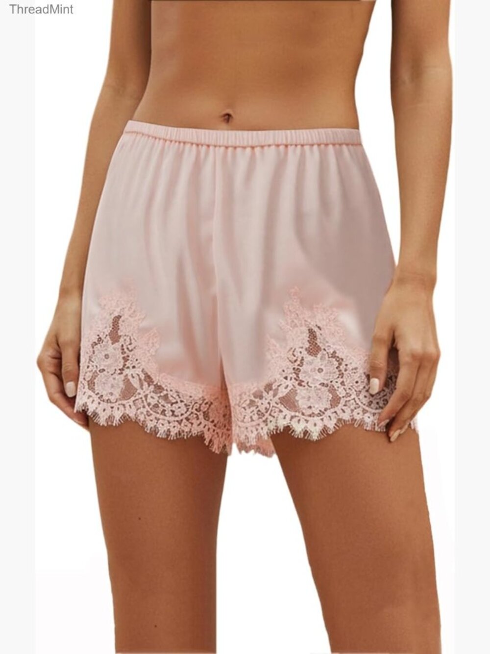 Lace Trim Satin Sleep Shorts for Women - Elastic Waist Pajama Bottoms